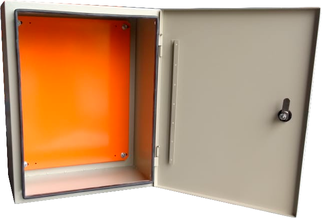 Painel elétrico aberto com interior laranja